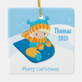 Jongen op Sled, Kerstmis Keramisch Ornament