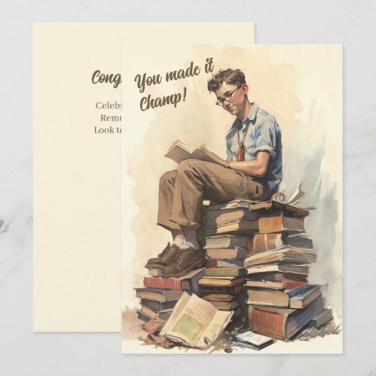 jongen op stapel boeken, afstuderen wensen aankondiging (Voorkant / Achterkant)