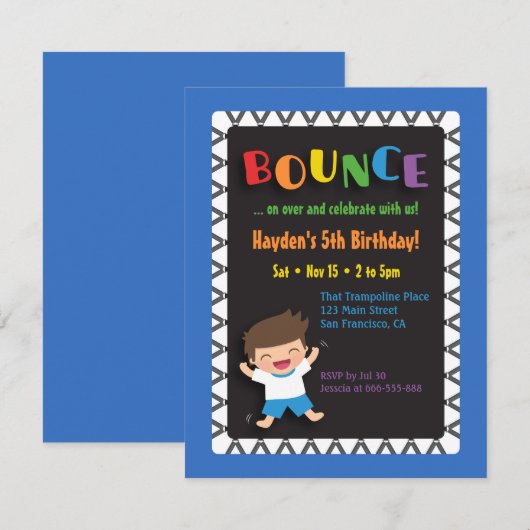 Jongen op Trampoline Kids Verjaardagsfeest Uitnodi Kaart (Voorkant / Achterkant)