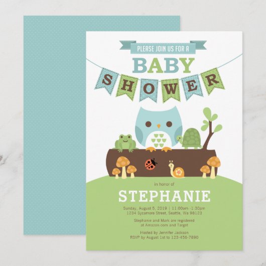 Jongen Owl op Logboek met de Uitnodiging van het B (Voorkant / Achterkant)