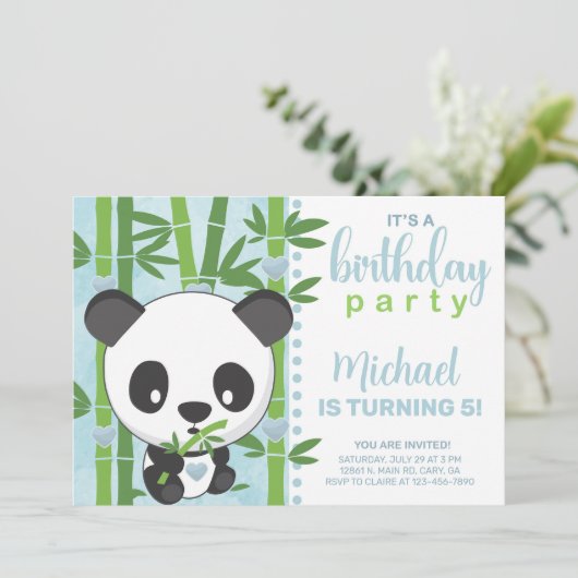 Jongen panda beer uitnodiging, uitnodiging. kaart (Staand voorkant)