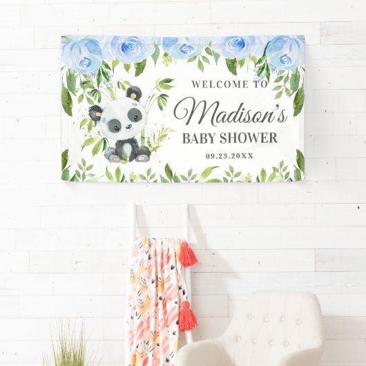Jongen Panda Blue Floral Greenery Bamboo Backdrop Spandoek (Insitu)
