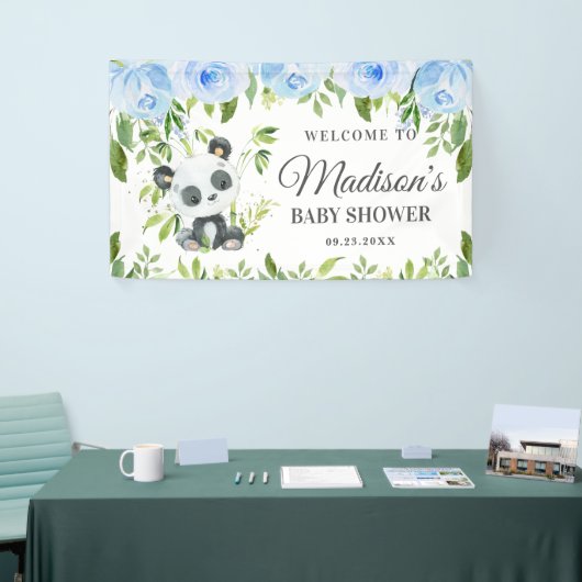 Jongen Panda Blue Floral Greenery Bamboo Backdrop Spandoek (Beurs)