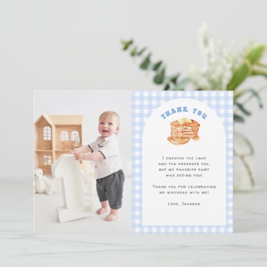 Jongen Pannenkoek Ontbijt 1e verjaardag Foto Bedankkaart (Staand voorkant)