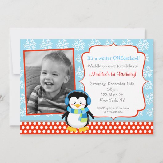 Jongen Penguin Winter Birthday Invitations Kaart (Voorkant)