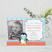 Jongen Penguin Winter Birthday Invitations Kaart (Staand voorkant)