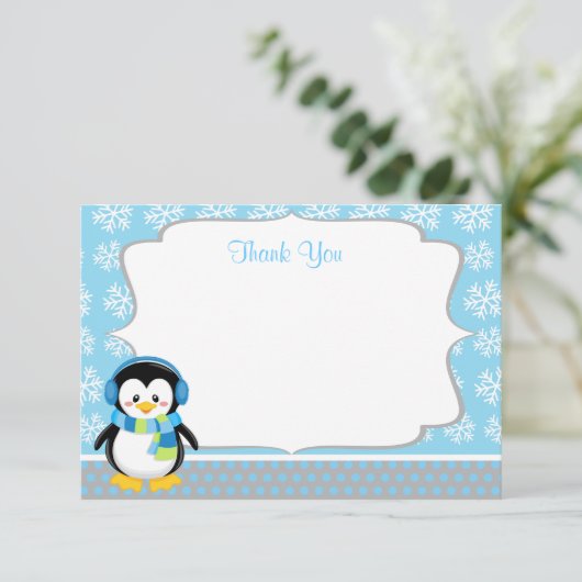 Jongen Penguin Winter Snowflake Dank je kaarten (Staand voorkant)