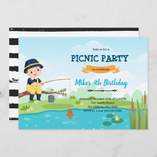Jongen picknick vissen uitnodiging (Voorkant / Achterkant)