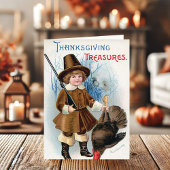  jongen Pilgrim en Thanksgiving Turkije Feestdagen Kaart