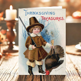  jongen Pilgrim en Thanksgiving Turkije Feestdagen Kaart