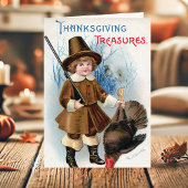  jongen Pilgrim en Thanksgiving Turkije Feestdagen Kaart