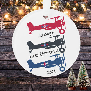Jongen Piloot Eerste Kerstmis 3 Vliegtuigen Gepers Ornament