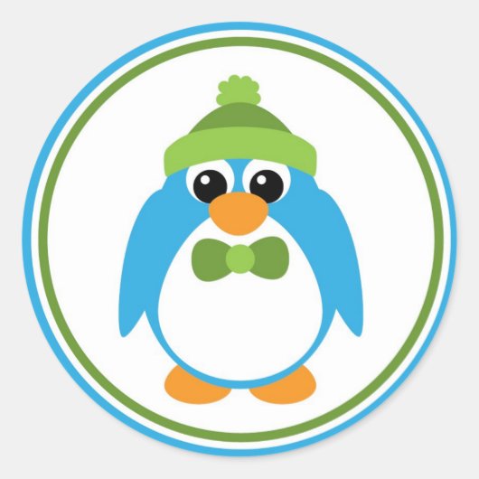 Jongen Pinguïn in blauw en groen Ronde Sticker (Voorkant)