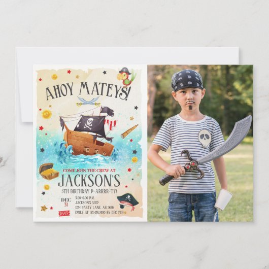 Jongen Piraat Verjaardag Foto Uitnodiging (Voorkant)