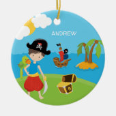 Jongen Pirate met Treasure en Parrot kerst Keramisch Ornament (Voorkant)