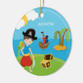 Jongen Pirate met Treasure en Parrot kerst Keramisch Ornament (Links)