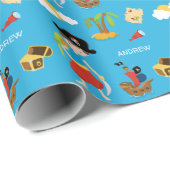 Jongen Pirate met Treasure, Parrot en Voornaam Cadeaupapier (Rol Hoek)