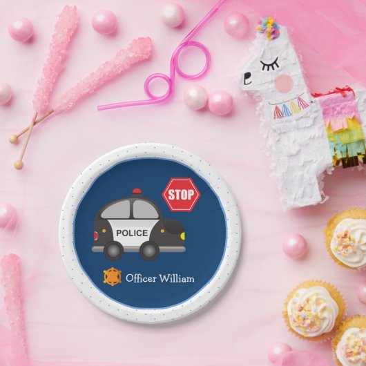 Jongen politieman en Kind blauw Papieren Bordje (Feest)