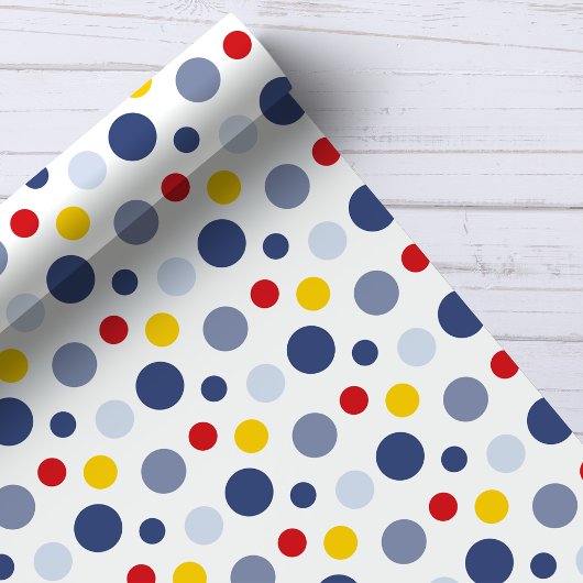 Jongen Polka Dots Blauw Geel en Rood Patroon Cadeaupapier