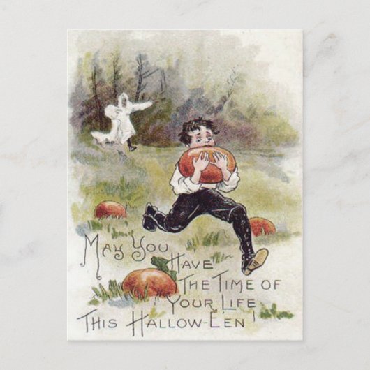 Jongen Pompoenveld Spook Kostuum Briefkaart (Voorkant)
