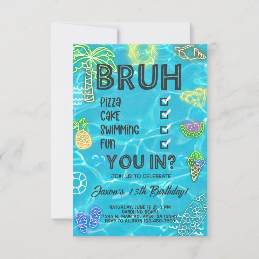 Jongen Pool Beach Verjaardag, neon gloed, breng je Kaart (Voorkant)