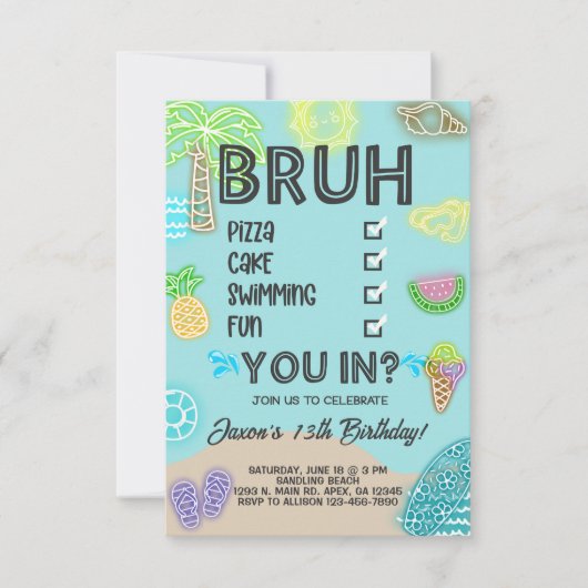 Jongen Pool Beach Verjaardag, neon gloed, breng je Kaart (Voorkant)