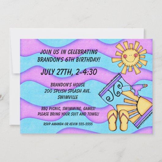 Jongen Pool Party Beach Swimming Birthday Invitati Kaart (Achterkant)