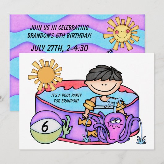 Jongen Pool Party Beach Swimming Birthday Invitati Kaart (Voorkant / Achterkant)