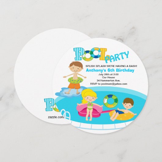 Jongen Pool Party Birthday Invitation Kaart (Voorkant / Achterkant)