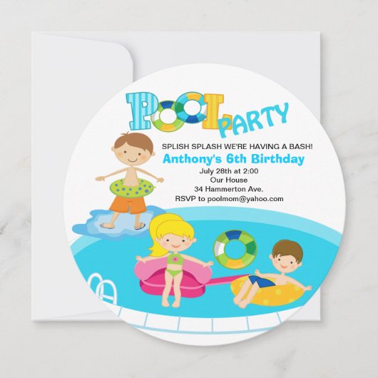 Jongen Pool Party Birthday Invitation Kaart (Voorkant)
