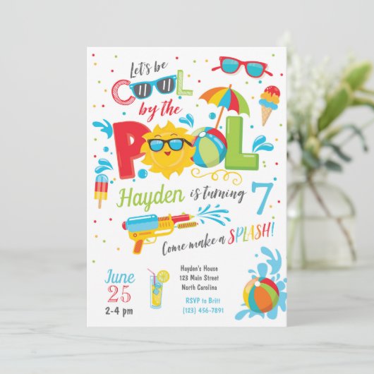Jongen Pool Party Invitation, Summer Birthday Kaart (Staand voorkant)