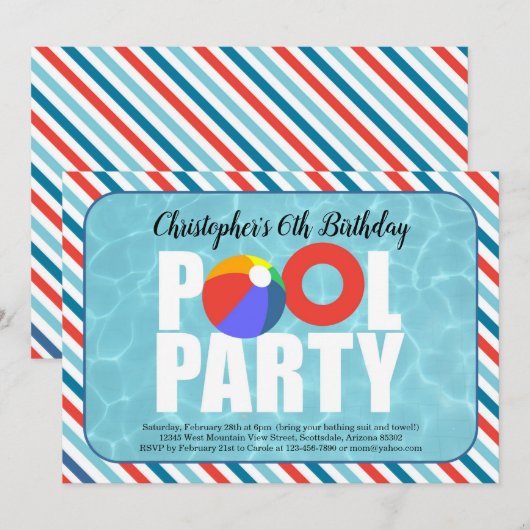 Jongen Pool Party Verjaardagsfeestje Uitnodiging (Voorkant / Achterkant)
