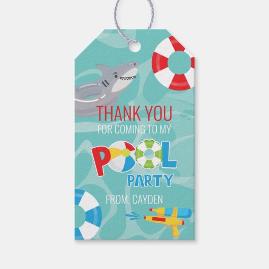 Jongen Pool Party verjaardagshaai dank u gunst Cadeaulabel (Voorkant)