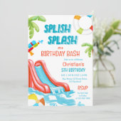 Jongen Pool Party Waterslide Verjaardag Uitnodigin Kaart (Staand voorkant)