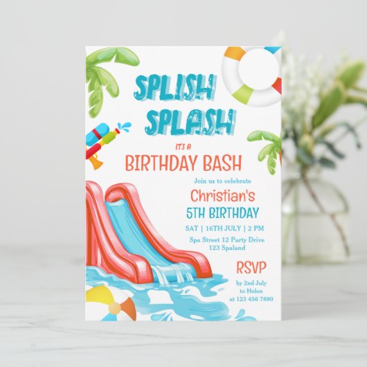 Jongen Pool Party Waterslide Verjaardag Uitnodigin Kaart (Staand voorkant)