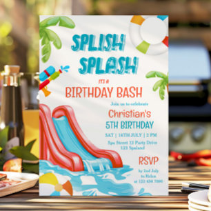 Jongen Pool Party Waterslide Verjaardag Uitnodigin Kaart