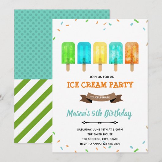 Jongen popsikel-ijsthema Uitnodiging (Voorkant / Achterkant)