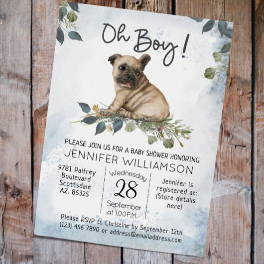 Jongen! Pug Puppy Modern Waterverf Baby shower Kaart