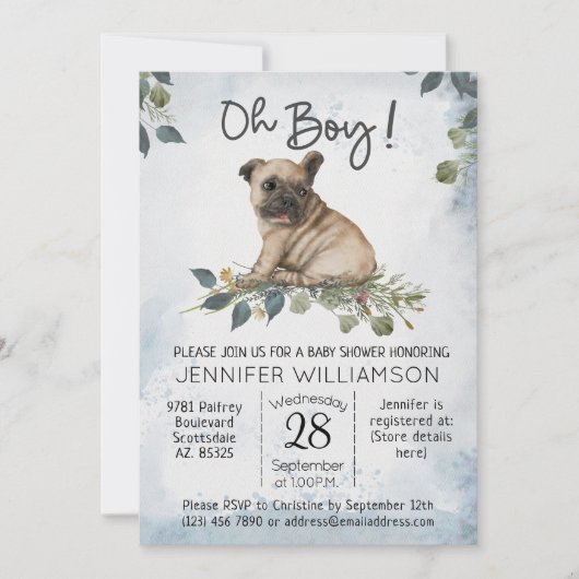 Jongen! Pug Puppy Modern Waterverf Baby shower Kaart (Voorkant)