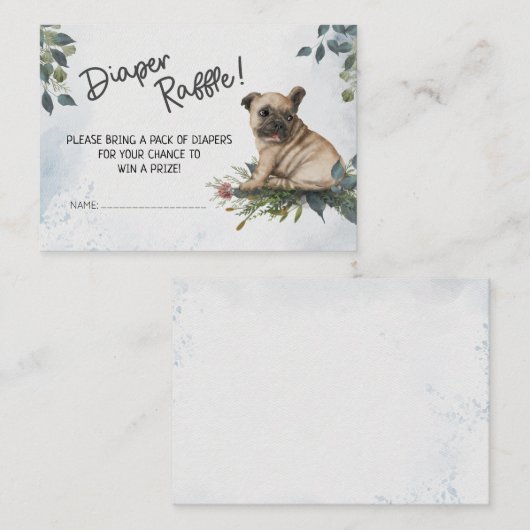 Jongen! Pug Puppy Waterverf Diaper Raffle Informatiekaartje (Voorkant / Achterkant)