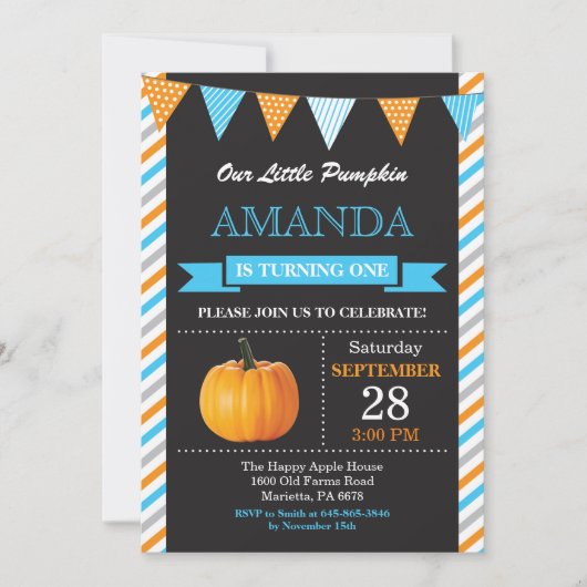 Jongen Pumpkin Birthday Invitation Sinaasappel en  Kaart (Voorkant)