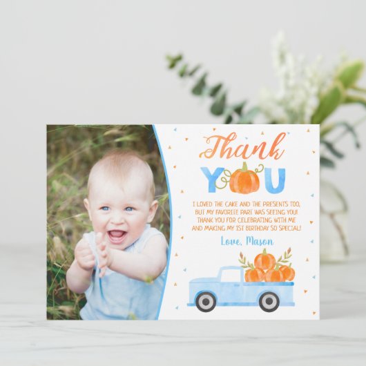 Jongen Pumpkin Blue Truck Birthday Dank je kaarten (Staand voorkant)