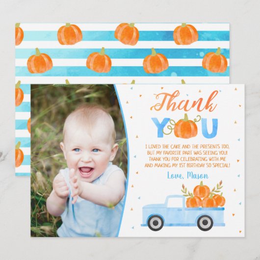 Jongen Pumpkin Blue Truck Birthday Dank je kaarten (Voorkant / Achterkant)