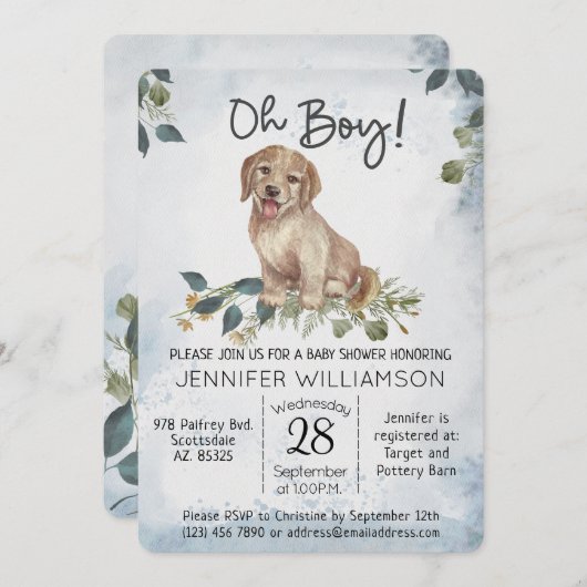 Jongen! Puppy Modern Waterverf Baby shower Kaart (Voorkant / Achterkant)