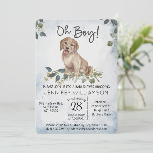 Jongen! Puppy Modern Waterverf Baby shower Kaart (Staand voorkant)