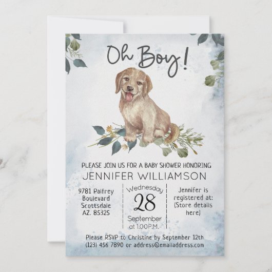 Jongen! Puppy Modern Waterverf Baby shower Kaart (Voorkant)