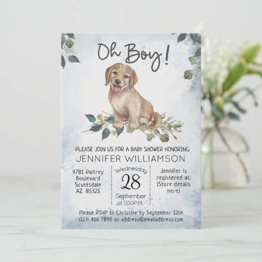 Jongen! Puppy Modern Waterverf Baby shower Kaart (Staand voorkant)