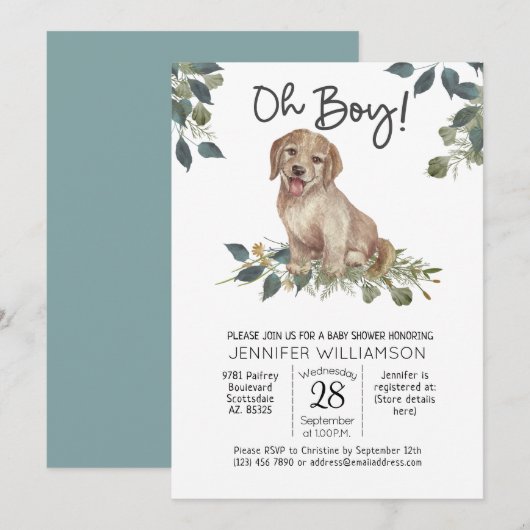 Jongen! Puppy Modern Waterverf Dog Baby shower Kaart (Voorkant / Achterkant)