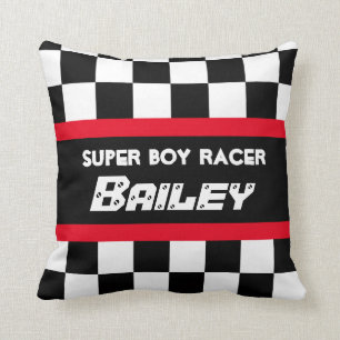 Jongen racer red black-checkered flag name pillow kussen