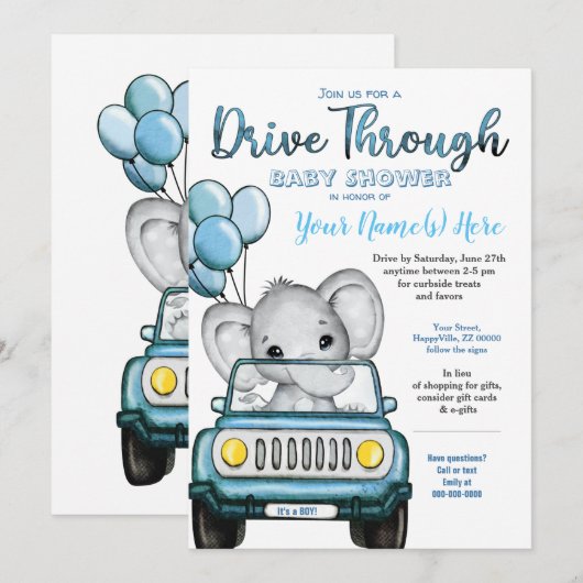 Jongen rijden door Baby shower olifant in auto Kaart (Voorkant / Achterkant)